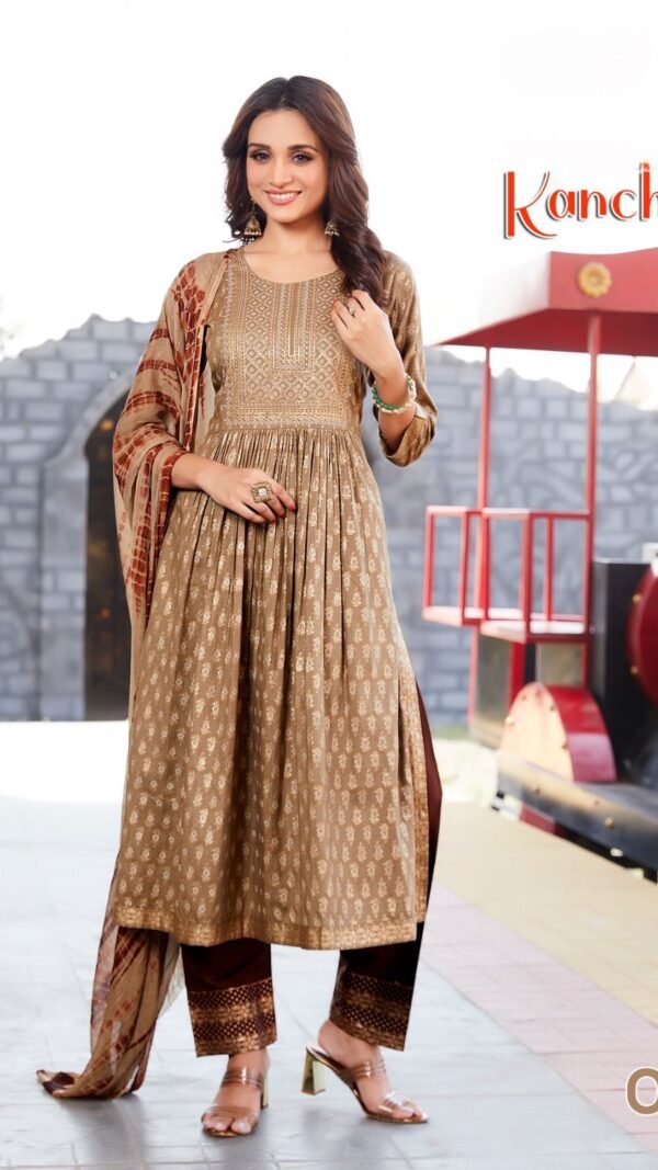 Brown Colour Two tone Slub Gold print Kurtis