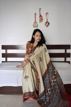Dal White Colour Ajrakh Digital Print Muslin fabric Saree