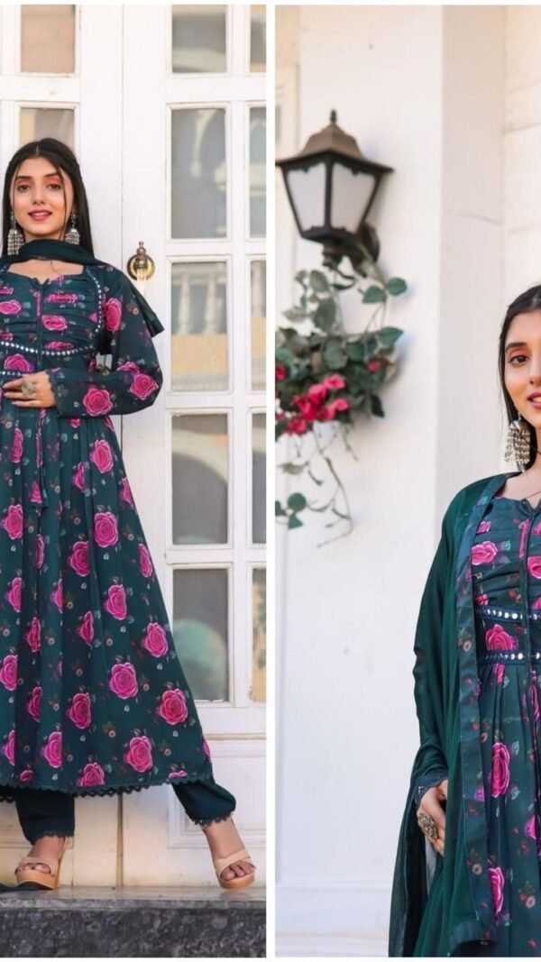 Green Colour Anarkali with mirror work and print lace