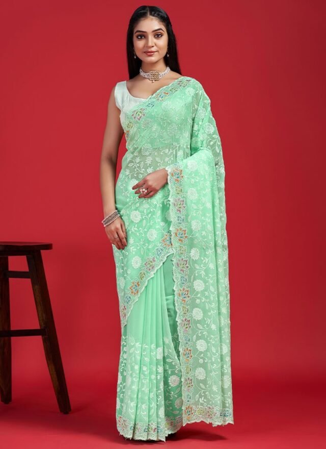 Green Colour Blooming geogert with chikankari Saree