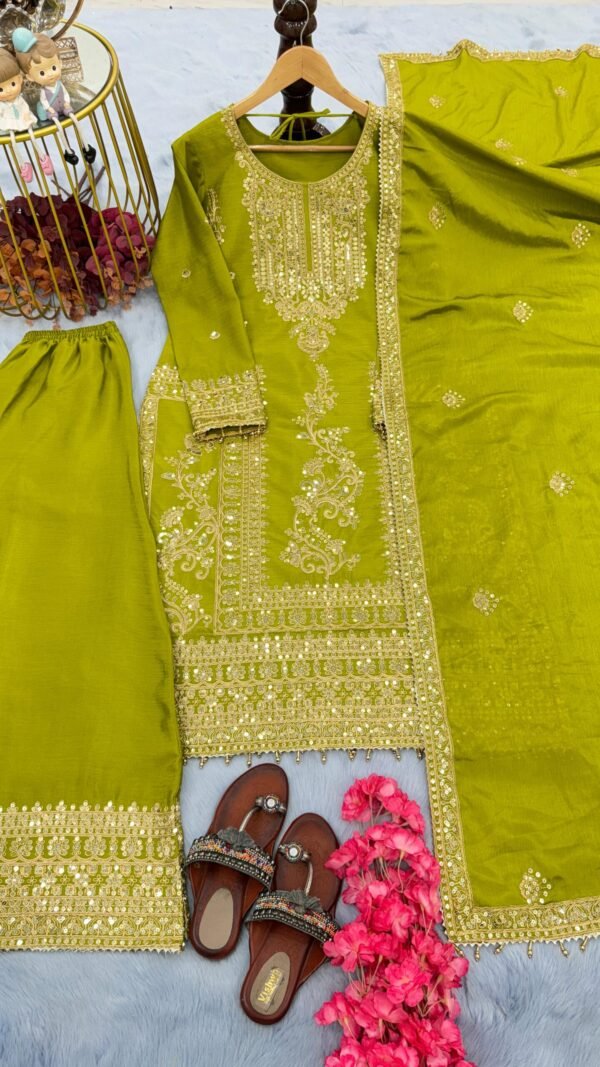 Green Colour Pur Chinon Silk With Embroidery Suit