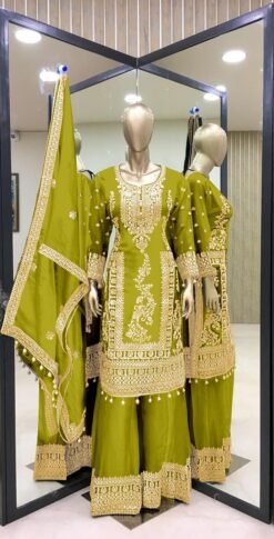 Green Colour Pure Chinnon Silk With Heavy Embroidery Suit