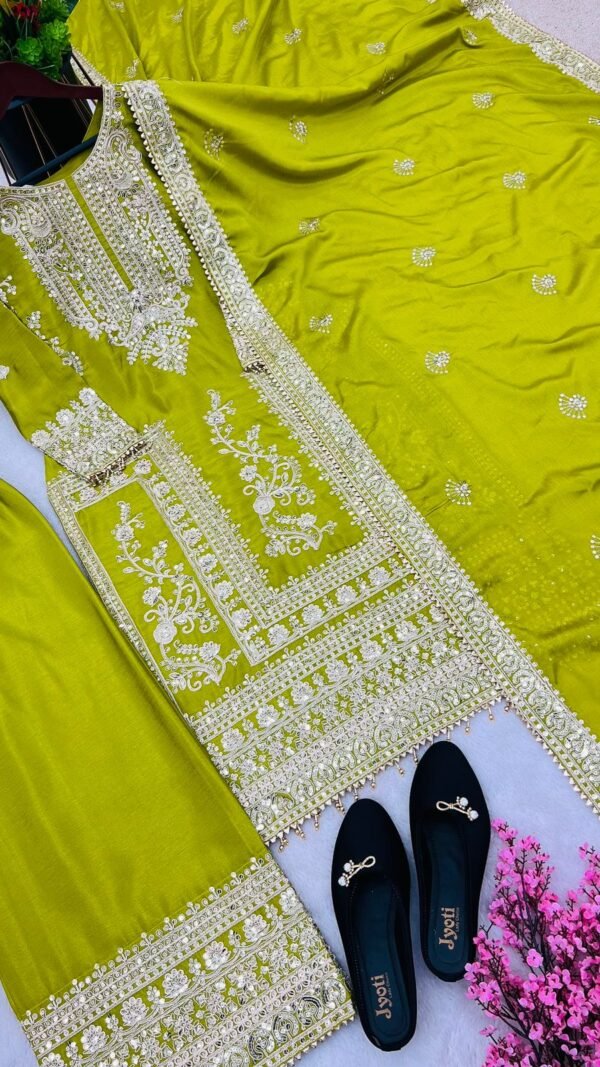 Green Colour Pure Chinnon Silk With Heavy Embroidery Suit