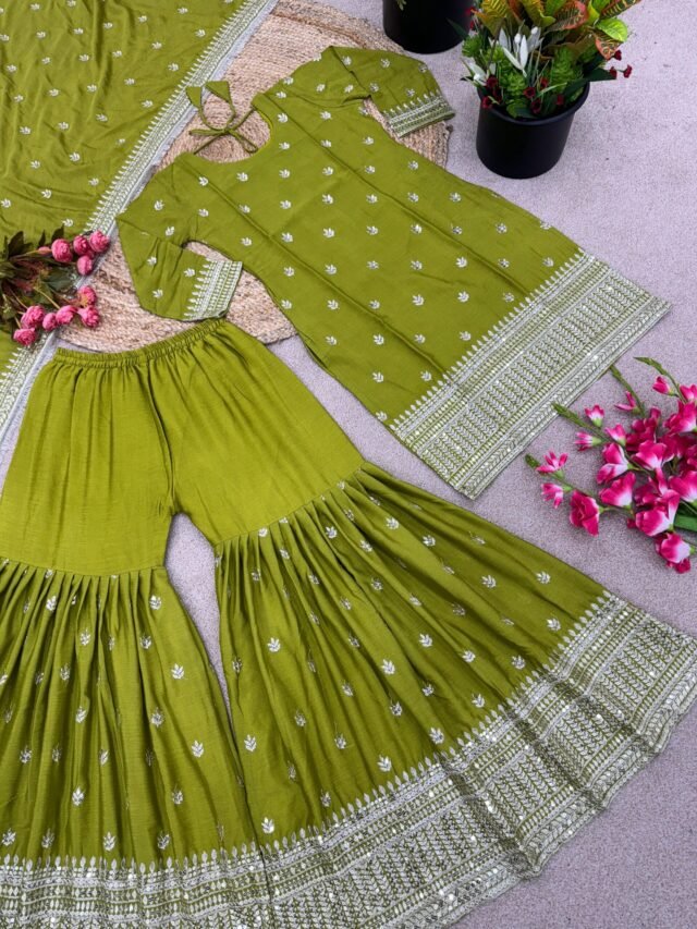 Green Colour Pure Chinnon Silk With Heavy Embroidery Suit