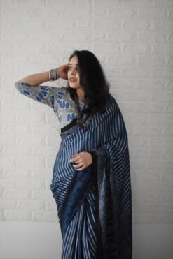 Grey Blue Colour Ajrakh Digital Print Muslin fabric Saree