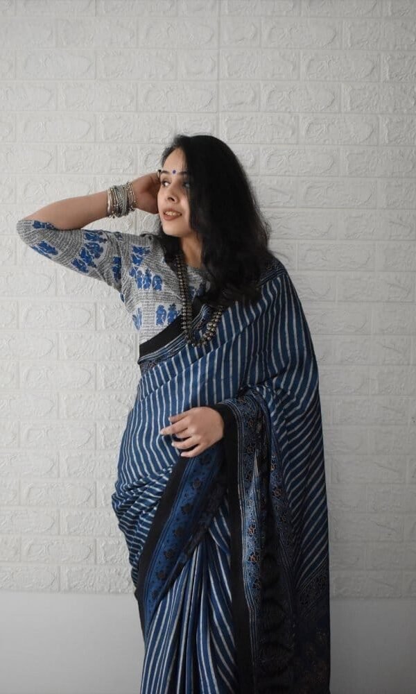 Grey Blue Colour Ajrakh Digital Print Muslin fabric Saree
