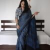 Grey Blue Colour Ajrakh Digital Print Muslin fabric Saree