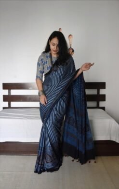 Grey Blue Colour Ajrakh Digital Print Muslin fabric Saree