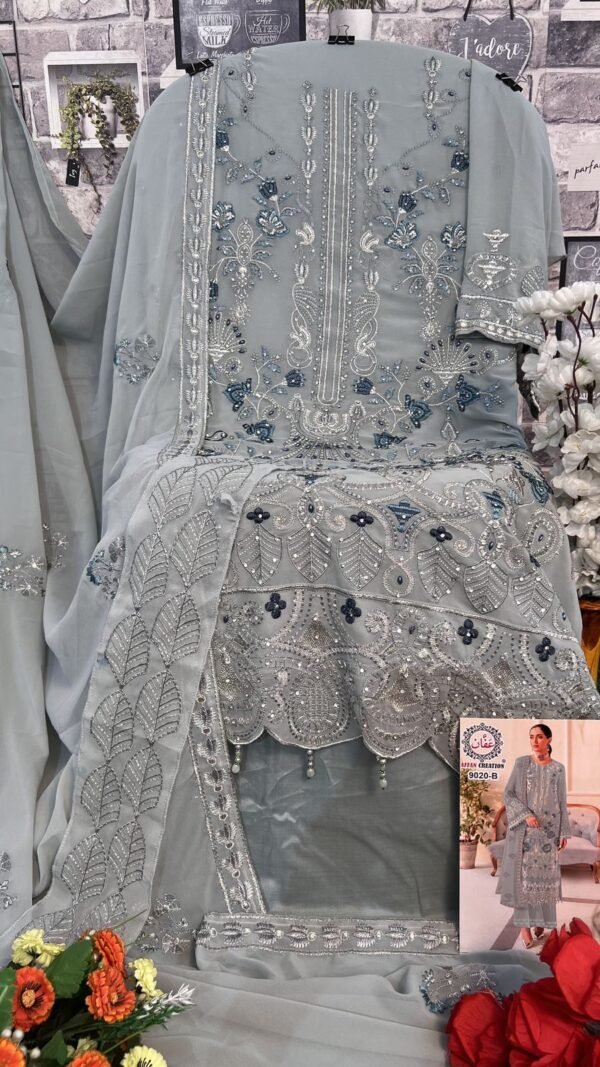 Grey Blue Colour Foux Georgette With Heavy Embroidery Suits