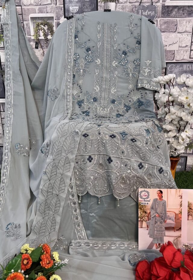 Grey Blue Colour Foux Georgette With Heavy Embroidery Suits