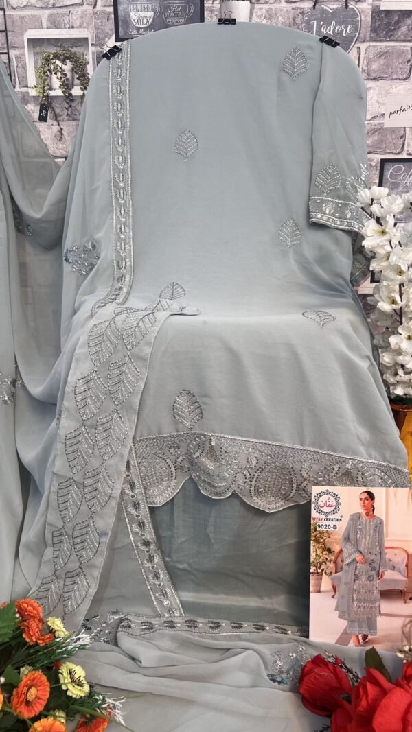 Grey Blue Colour Foux Georgette With Heavy Embroidery Suits