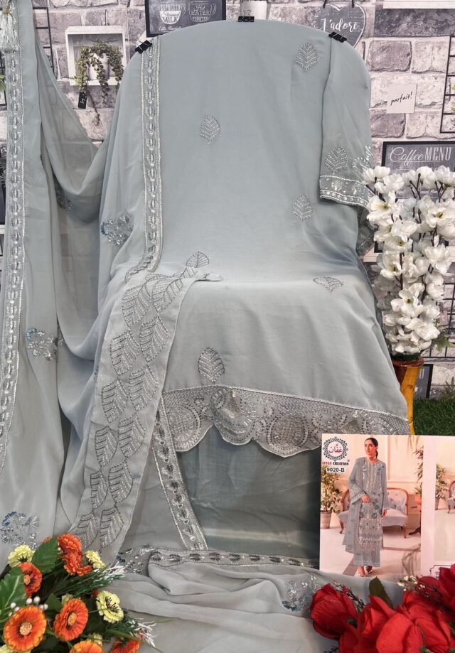 Grey Blue Colour Foux Georgette With Heavy Embroidery Suits