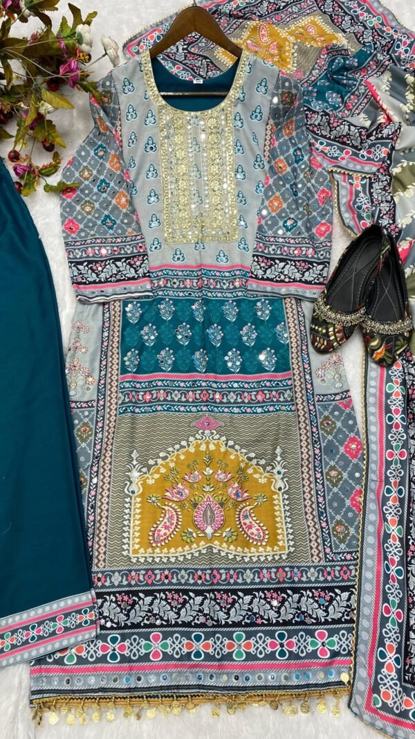 Grey Blue Colour Maslin Printed,Embroidered Suit