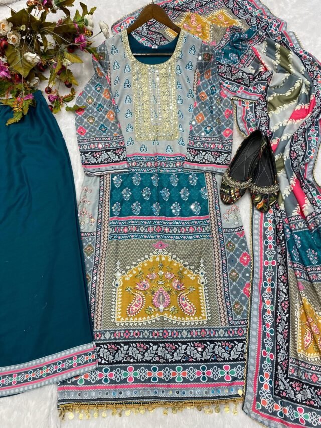 Grey Blue Colour Maslin Printed,Embroidered Suit