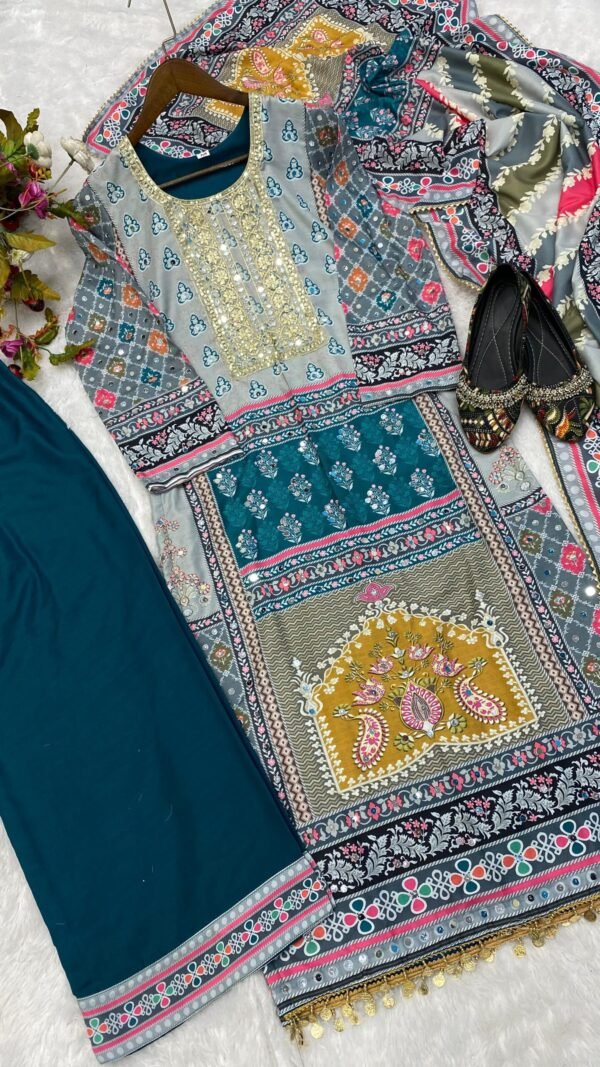 Grey Blue Colour Maslin Printed,Embroidered Suit