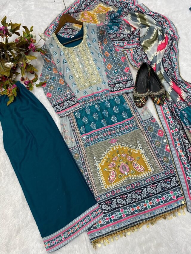 Grey Blue Colour Maslin Printed,Embroidered Suit