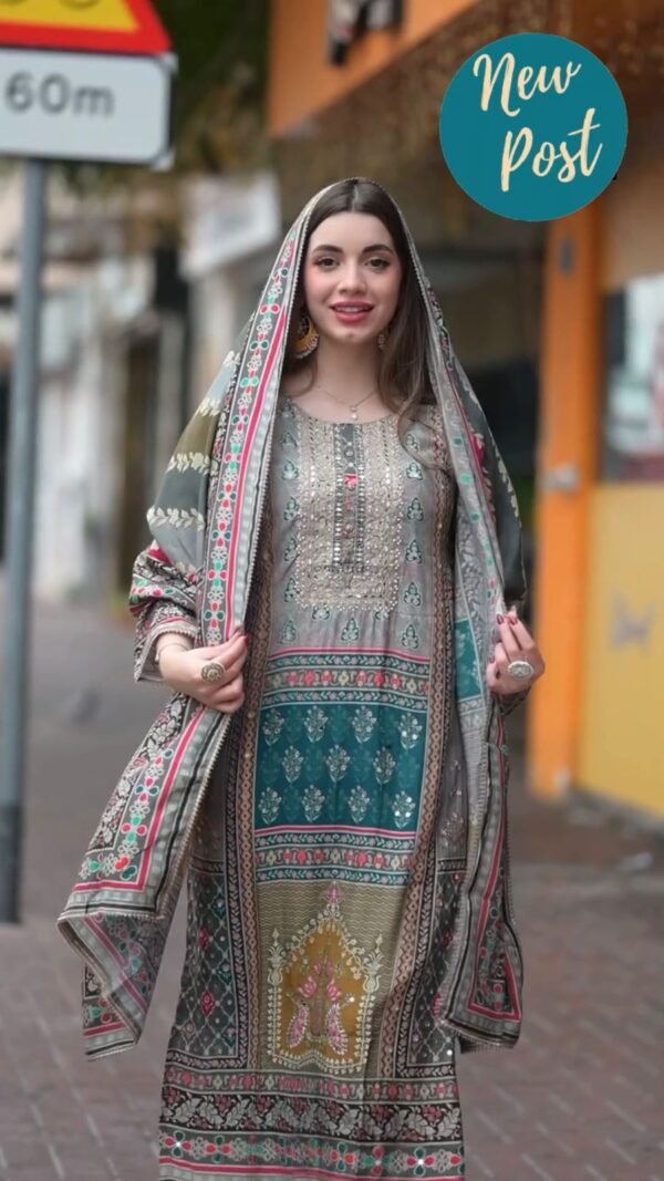 Grey Colour Maslin Printed,Embroidered Suit