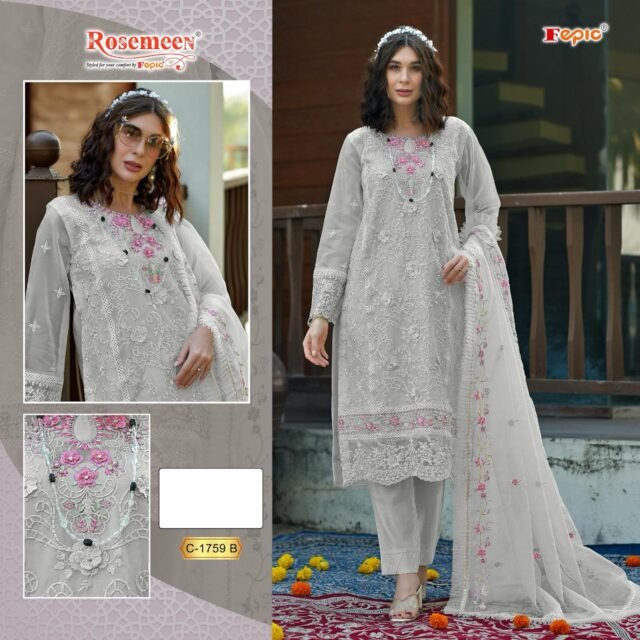 Grey Colour ORGANZA EMBROIDERED Suits