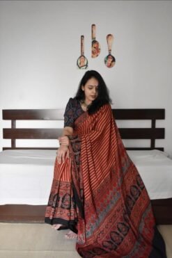 Light Brown Colour Ajrakh Digital Print Muslin fabric Saree
