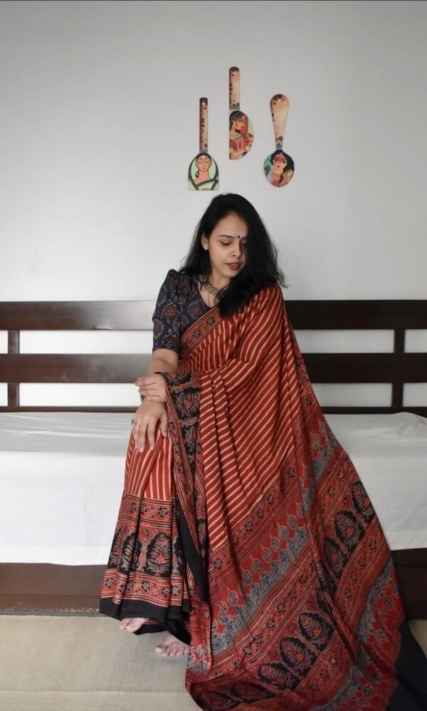 Light Brown Colour Ajrakh Digital Print Muslin fabric Saree