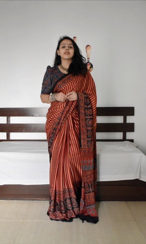 Light Brown Colour Ajrakh Digital Print Muslin fabric Saree