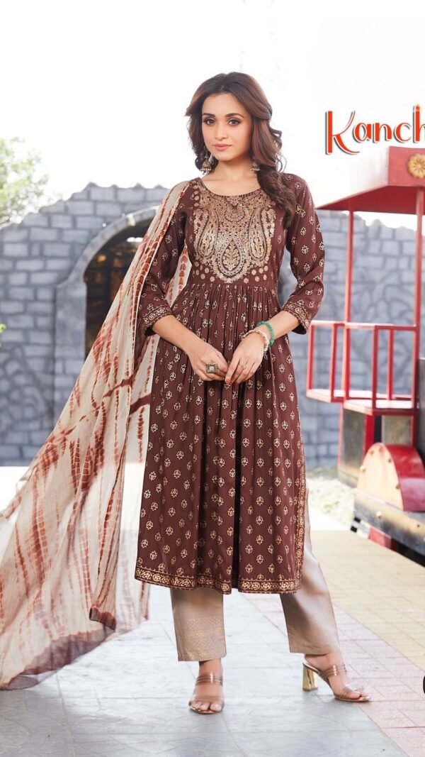 Light Brown Colour Two tone Slub Gold print Kurtis