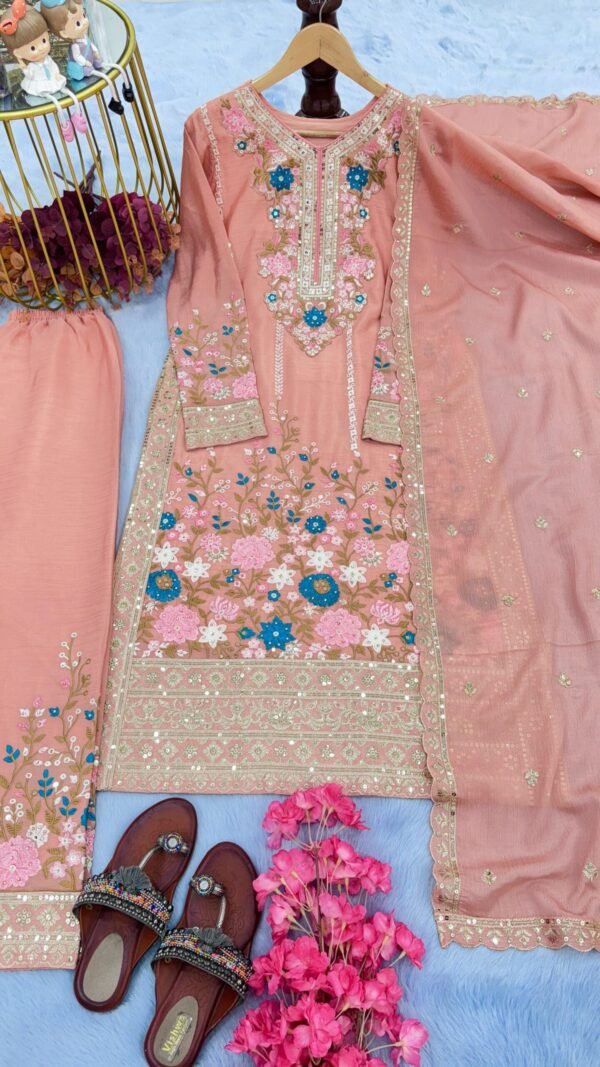 Light Brown Heavy Chinon Silk With Heavy Embroidery Suit