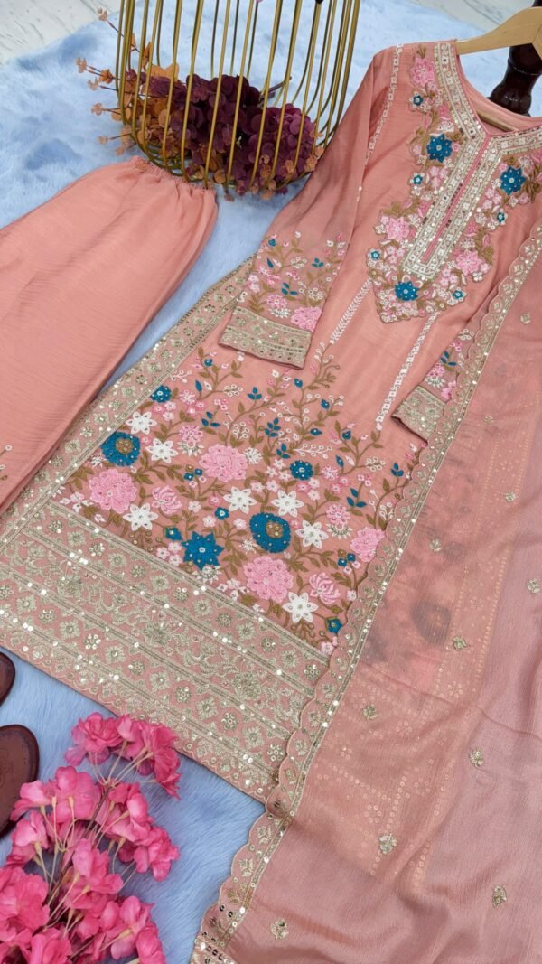 Light Brown Heavy Chinon Silk With Heavy Embroidery Suit