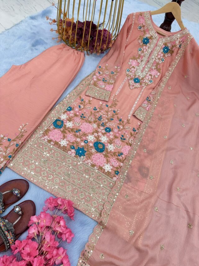 Light Brown Heavy Chinon Silk With Heavy Embroidery Suit
