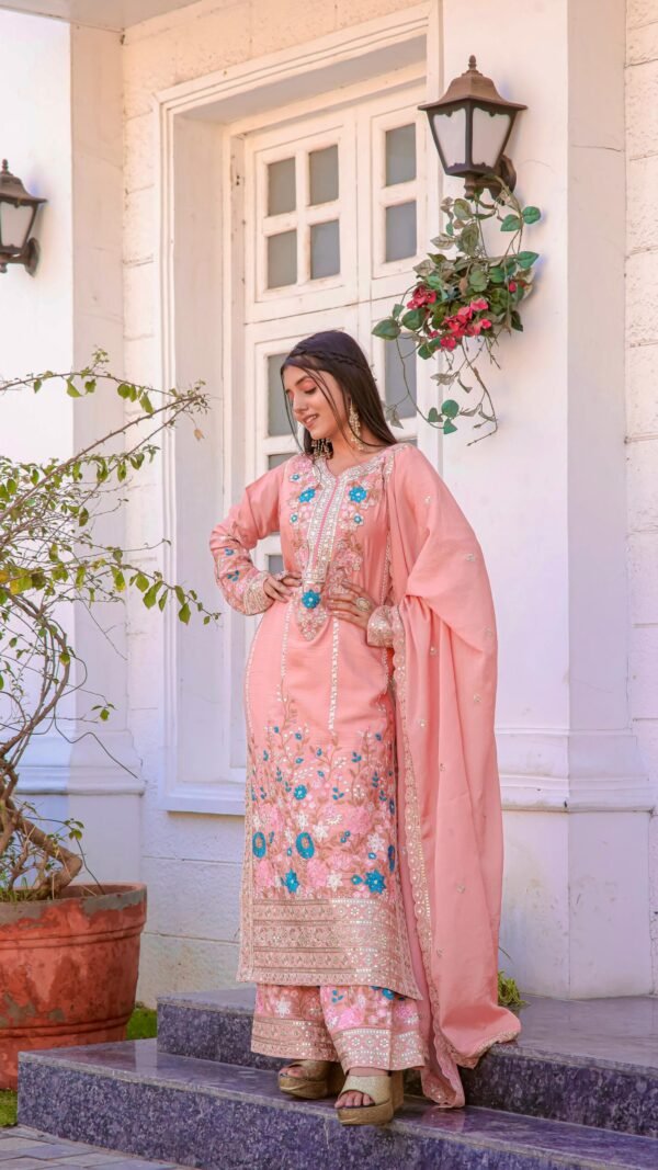 Light Brown Heavy Chinon Silk With Heavy Embroidery Suit