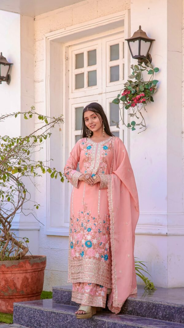 Light Brown Heavy Chinon Silk With Heavy Embroidery Suit