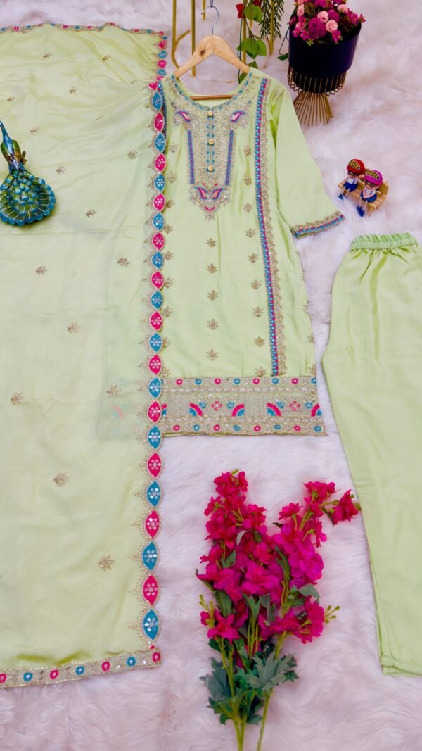 Light Green Colour Chinon Silk Party Top Pent & Dupatta
