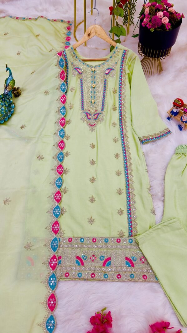 Light Green Colour Chinon Silk Party Top Pent & Dupatta