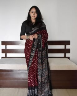 Maroon Colour Ajrakh Digital Print Muslin fabric Saree