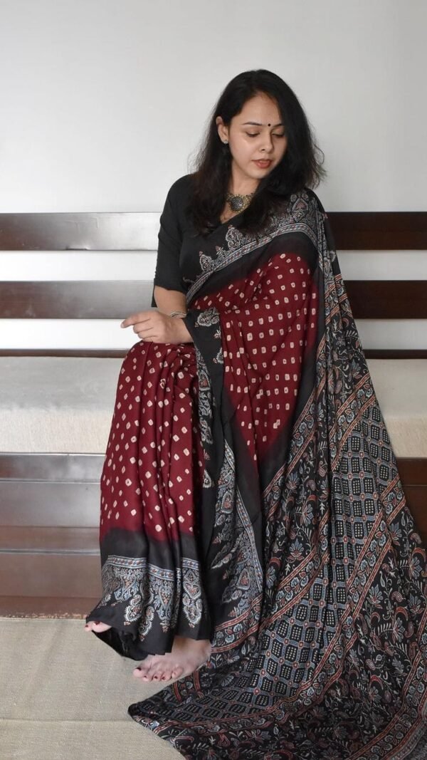 Maroon Colour Ajrakh Digital Print Muslin fabric Saree