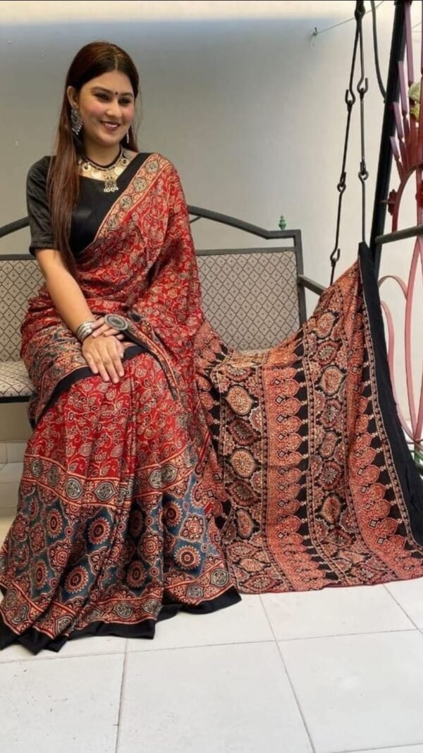 Maroon Colour Ajrakh Digital Print Muslin fabric Saree