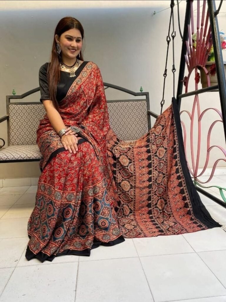 Mellow Semi Silk Saee x Ajrakh Print - Maroon