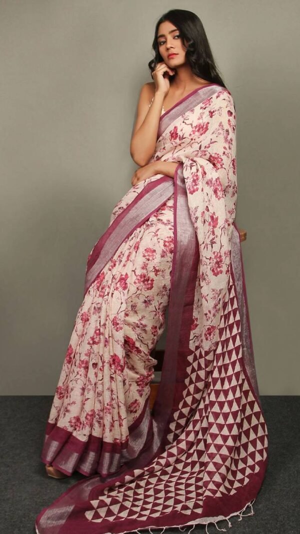 Maroon Colour Linen with silver jari border Sarees