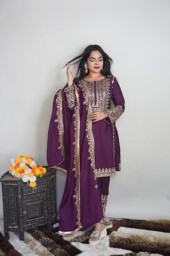 Maroon Colour Pure Chinnon Silk With Heavy Embroidery Suit