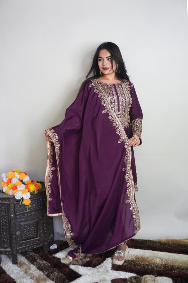 Maroon Colour Pure Chinnon Silk With Heavy Embroidery Suit