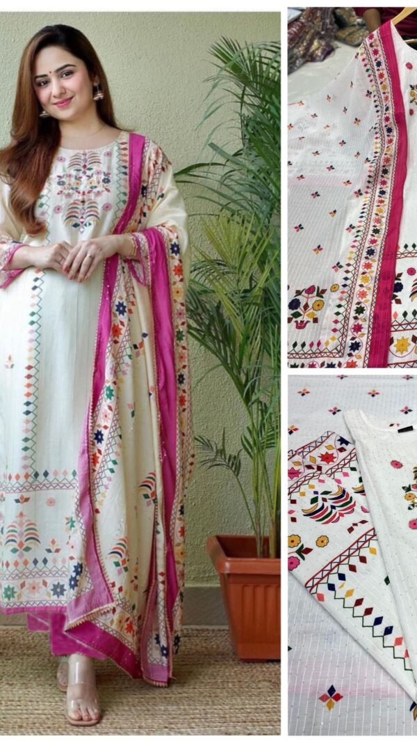 Megenta White Colour Beautiful printed Maslin kurta