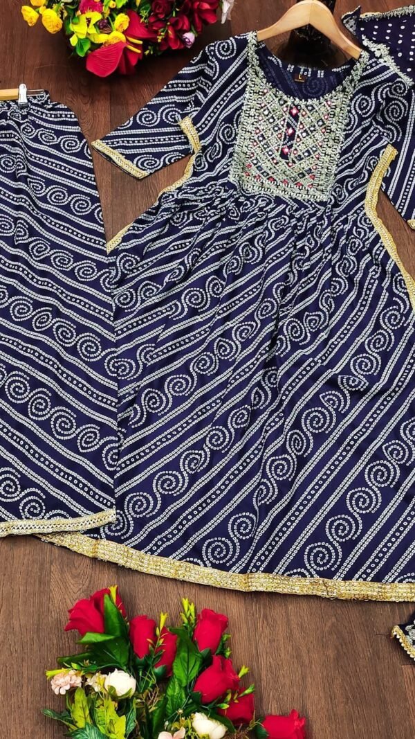 Navy Blue Colour Rayon Fabric bandhani Kurtis