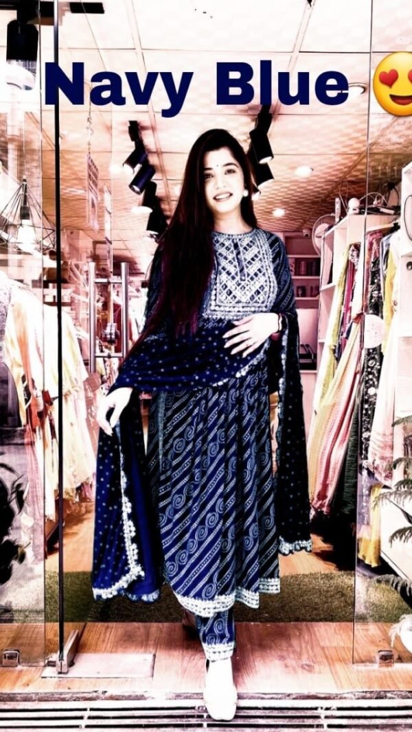 Navy Blue Colour Rayon Fabric bandhani Kurtis
