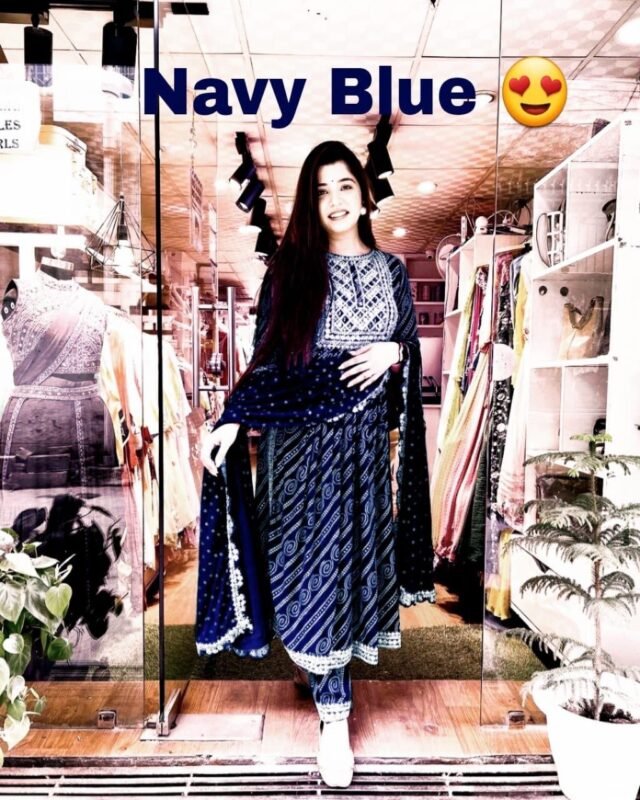 Navy Blue Colour Rayon Fabric bandhani Kurtis
