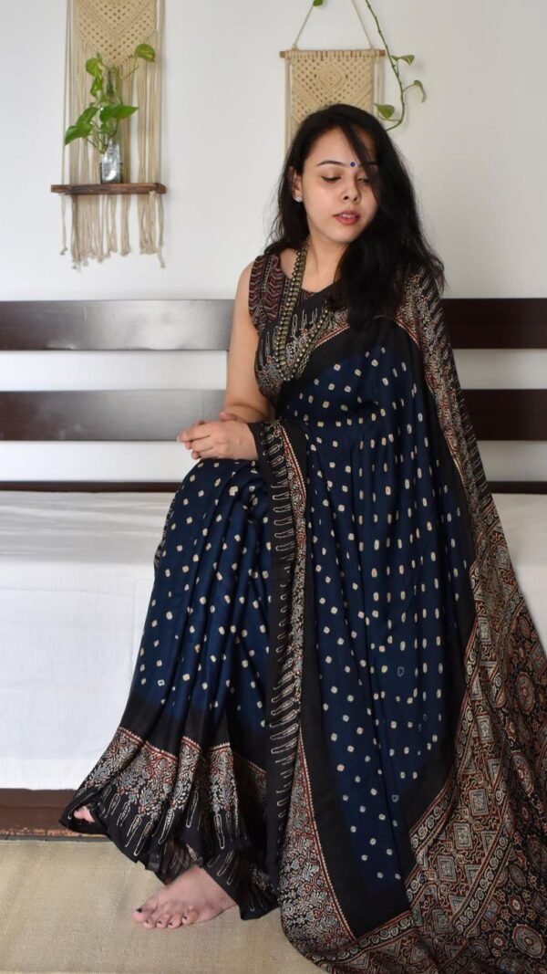 Nevy Blue Colour Ajrakh Digital Print Muslin fabric Saree