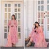 Pink Colour Anarkali with mirror work and print lace