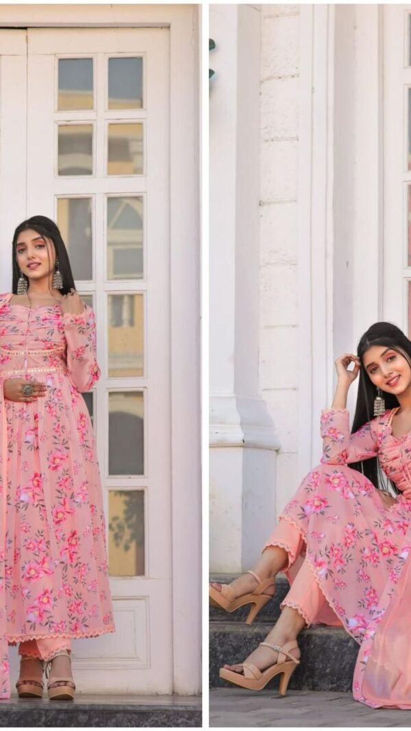 Pink Colour Anarkali with mirror work and print lace