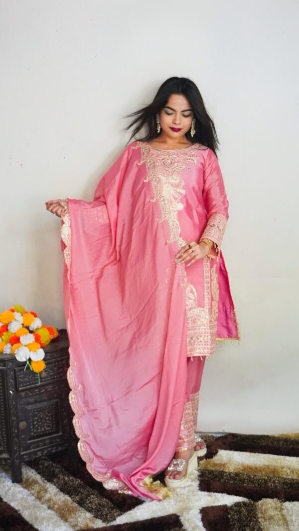 Pink Colour Pure Chinnon With Heavy Embroidery Suit