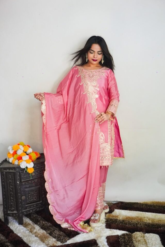 Pink Colour Pure Chinnon With Heavy Embroidery Suit