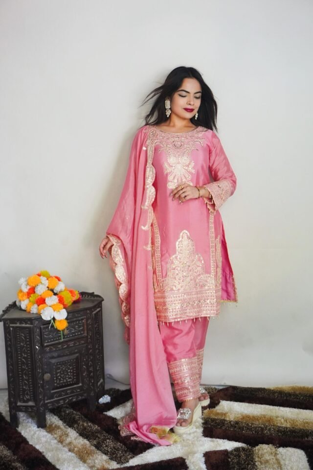 Pink Colour Pure Chinnon With Heavy Embroidery Suit